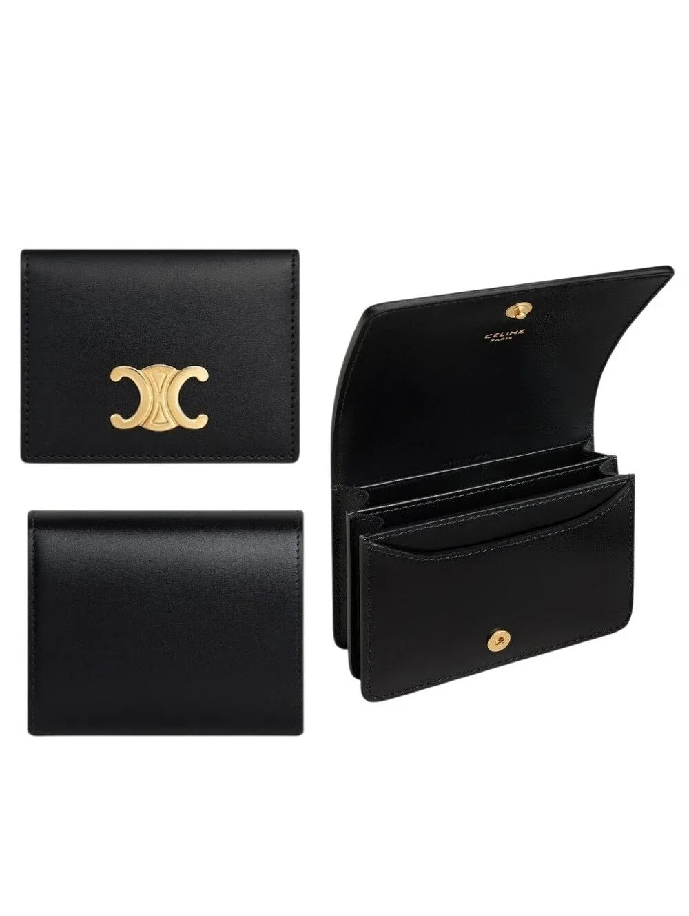 Authentic Celine Shiny Calfskin Triomphe Compact Wallet Black